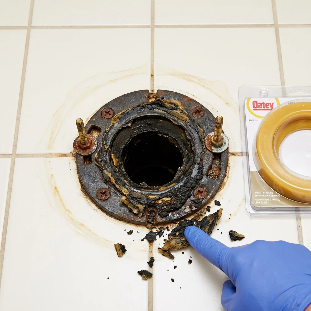 Failed wax ring showing water seepage at the base of a toilet in a Weatherford, TX home